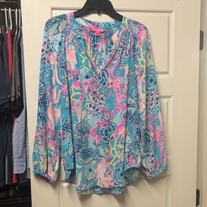 Lilly Pulitzer Femine Blue and Pink Floral Silk Elsa Blouse
